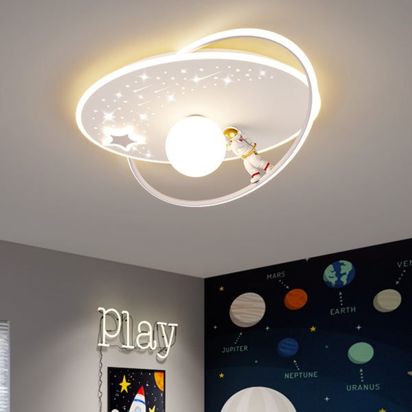 Modern Art Deco Kids Glass Acrylic Iron Astronaut Planet LED Flush Mount Ceiling Light Bedroom Living Room Home Decor Nursery Lighting Fixtures Unique Space Theme Children's Room Illumination Stylish Ceiling Lamp for Kids Room Adventure Decor