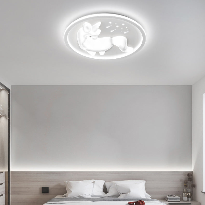 Modern Art Deco Iron Unicorn Shape Round LED Flush Mount Ceiling Light for Bedroom Living Room Fixture - Stylish Creative Lighting Design - Elegant Home Decor - Unique Decorative Ceiling Lamp - Durable Iron Construction - Energy Efficient LED Light - Cont