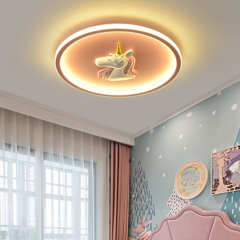Modern Art Deco Kids Acrylic Iron Unicorn Round LED Flush Mount Ceiling Light for Bedroom and Living Room - Stylish Unicorn Lighting, Colorful Room Decor, Fantasy Ceiling Fixture, Bright LED Illumination, Decorative Nursery Light, Childrens Room Ceiling P