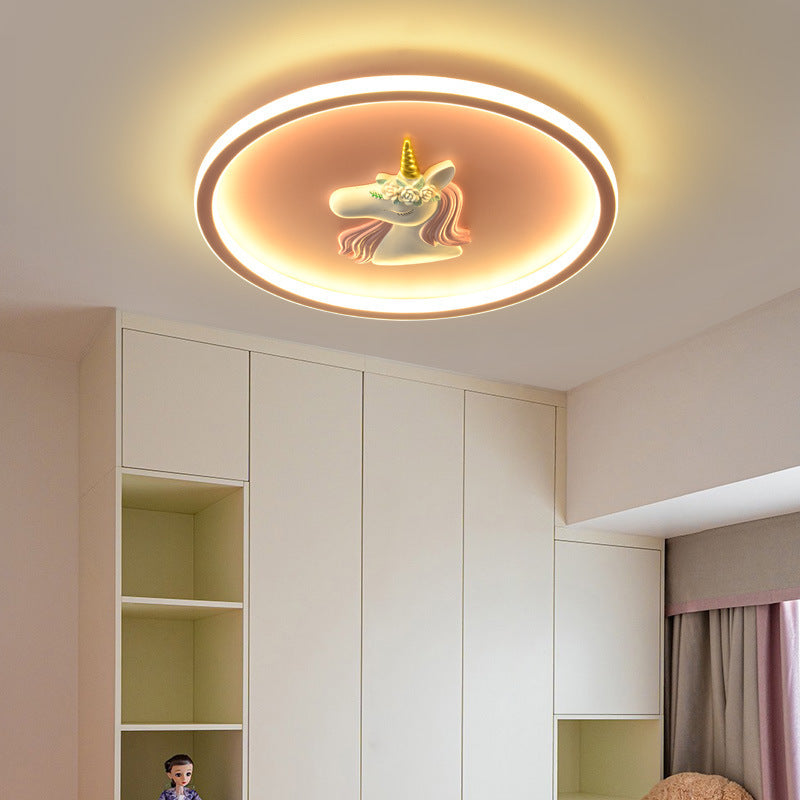 Modern Art Deco Kids Acrylic Iron Unicorn Round LED Flush Mount Ceiling Light for Bedroom and Living Room - Stylish Unicorn Lighting, Colorful Room Decor, Fantasy Ceiling Fixture, Bright LED Illumination, Decorative Nursery Light, Childrens Room Ceiling P