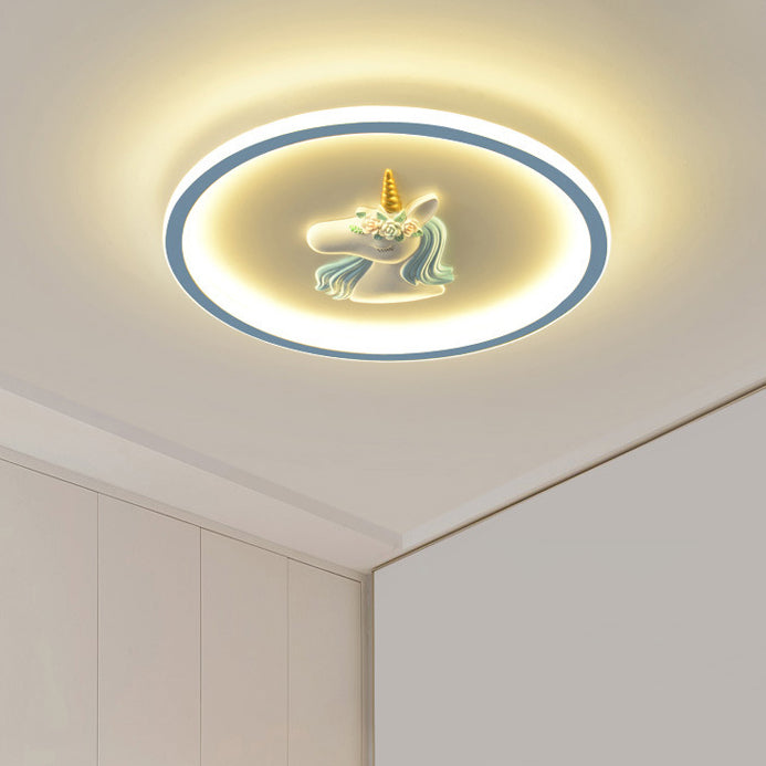 Modern Art Deco Kids Acrylic Iron Unicorn Round LED Flush Mount Ceiling Light for Bedroom and Living Room - Stylish Unicorn Lighting, Colorful Room Decor, Fantasy Ceiling Fixture, Bright LED Illumination, Decorative Nursery Light, Childrens Room Ceiling P