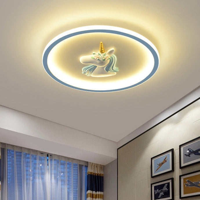 Modern Art Deco Kids Acrylic Iron Unicorn Round LED Flush Mount Ceiling Light for Bedroom and Living Room - Stylish Unicorn Lighting, Colorful Room Decor, Fantasy Ceiling Fixture, Bright LED Illumination, Decorative Nursery Light, Childrens Room Ceiling P