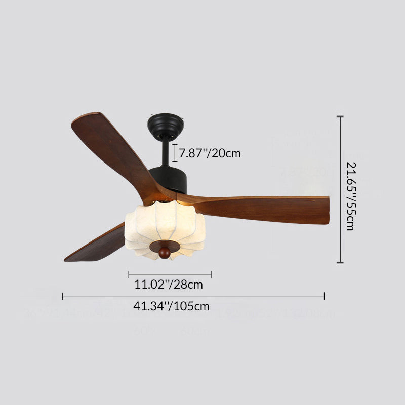 Vintage Solid Wood & Metal Pleated Round LED Semi-Flush Mount Ceiling Fan Light for Living Room