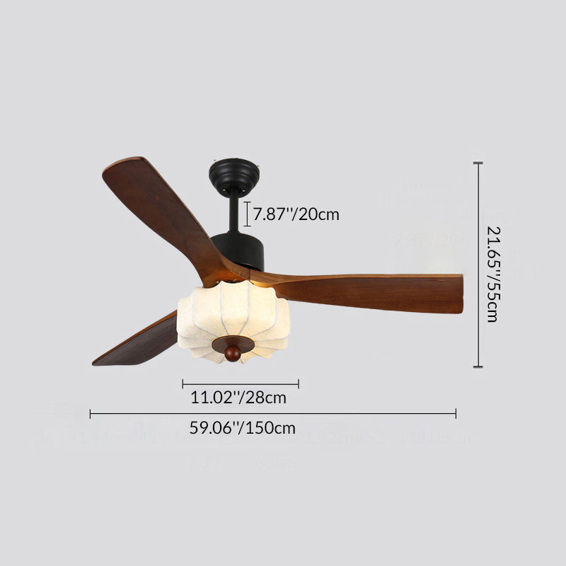 Vintage Solid Wood & Metal Pleated Round LED Semi-Flush Mount Ceiling Fan Light for Living Room