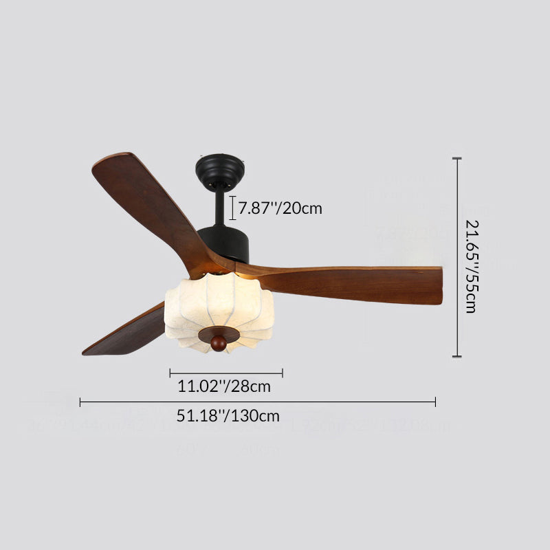 Vintage Solid Wood & Metal Pleated Round LED Semi-Flush Mount Ceiling Fan Light for Living Room