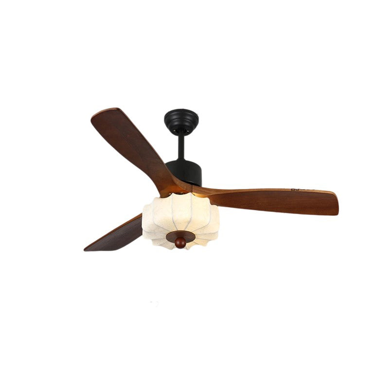 Vintage Solid Wood & Metal Pleated Round LED Semi-Flush Mount Ceiling Fan Light for Living Room