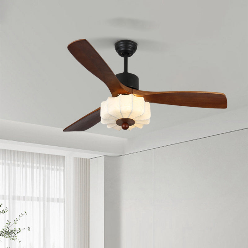 Vintage Solid Wood & Metal Pleated Round LED Semi-Flush Mount Ceiling Fan Light for Living Room