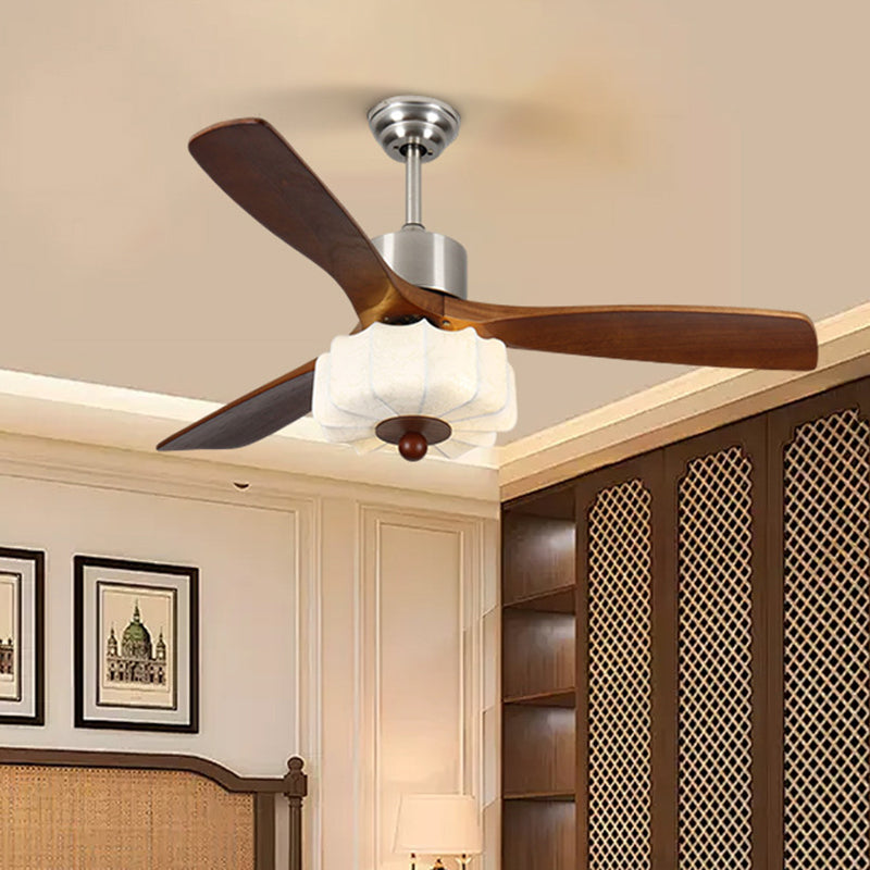 Vintage Solid Wood & Metal Pleated Round LED Semi-Flush Mount Ceiling Fan Light for Living Room