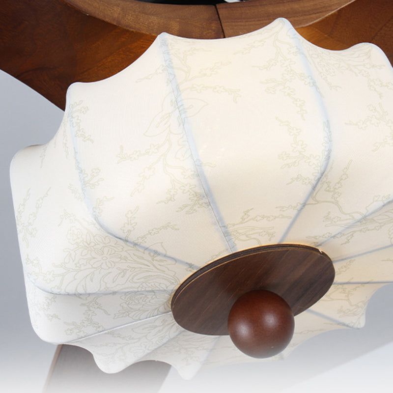 Vintage Solid Wood & Metal Pleated Round LED Semi-Flush Mount Ceiling Fan Light for Living Room