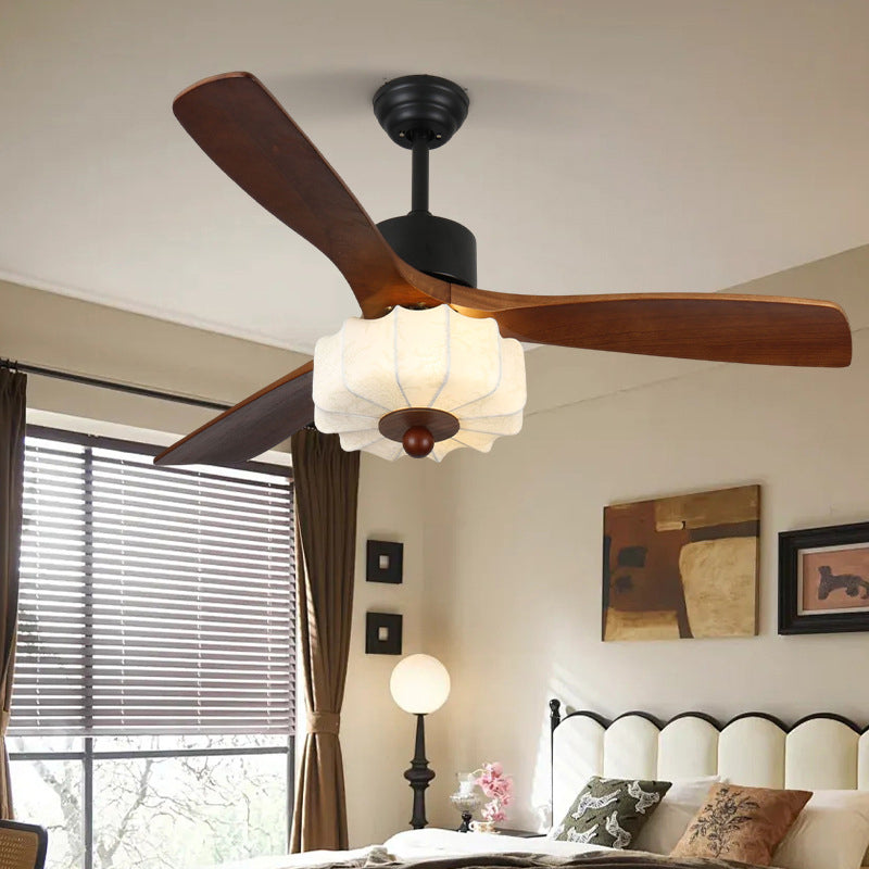 Vintage Solid Wood & Metal Pleated Round LED Semi-Flush Mount Ceiling Fan Light for Living Room