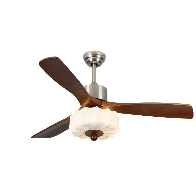 Vintage Solid Wood & Metal Pleated Round LED Semi-Flush Mount Ceiling Fan Light for Living Room