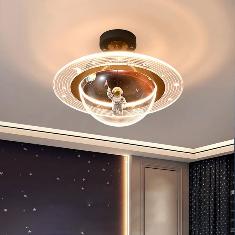 Contemporary Astronaut Globe LED Ceiling Light, Kids Bedroom Semi-Flush Mount Light, Iron Resin Acrylic Space Decor, Creative Space-Themed Lighting for Nursery, Unique Astronaut Design, Modern Children’s Room Illumination, Stylish Bedroom Fixture, Ceiling
