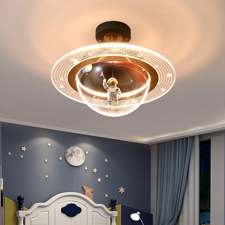 Contemporary Astronaut Globe LED Ceiling Light, Kids Bedroom Semi-Flush Mount Light, Iron Resin Acrylic Space Decor, Creative Space-Themed Lighting for Nursery, Unique Astronaut Design, Modern Children’s Room Illumination, Stylish Bedroom Fixture, Ceiling