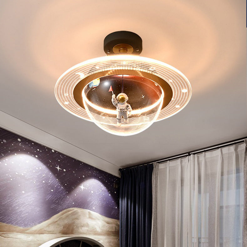 Contemporary Astronaut Globe LED Ceiling Light, Kids Bedroom Semi-Flush Mount Light, Iron Resin Acrylic Space Decor, Creative Space-Themed Lighting for Nursery, Unique Astronaut Design, Modern Children’s Room Illumination, Stylish Bedroom Fixture, Ceiling