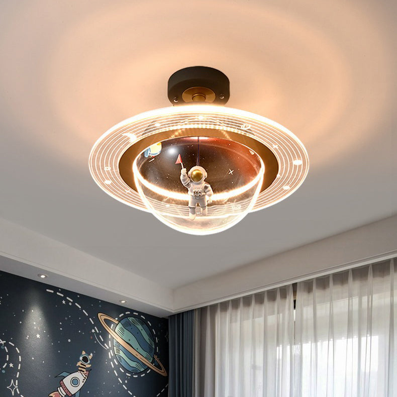 Contemporary Astronaut Globe LED Ceiling Light, Kids Bedroom Semi-Flush Mount Light, Iron Resin Acrylic Space Decor, Creative Space-Themed Lighting for Nursery, Unique Astronaut Design, Modern Children’s Room Illumination, Stylish Bedroom Fixture, Ceiling
