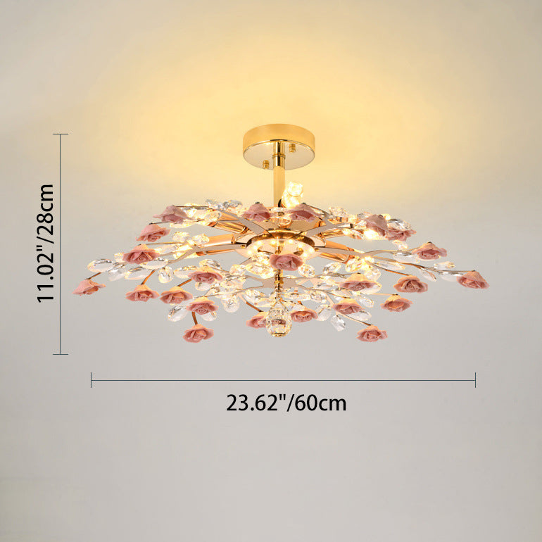 Traditional French Iron Rose Crystal LED Semi-Flush Mount Light - 6/7/8 Lights for Living Room & Bedroom