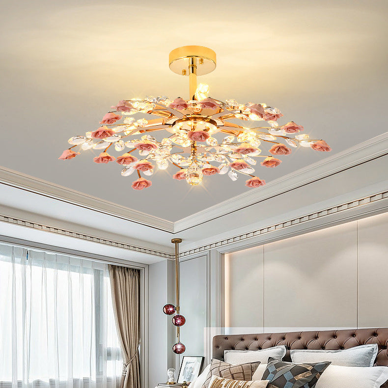 Traditional French Iron Rose Crystal LED Semi-Flush Mount Light - 6/7/8 Lights for Living Room & Bedroom
