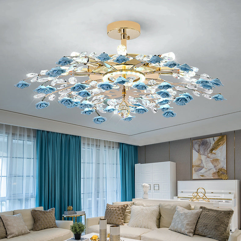 Traditional French Iron Rose Crystal LED Semi-Flush Mount Light - 6/7/8 Lights for Living Room & Bedroom