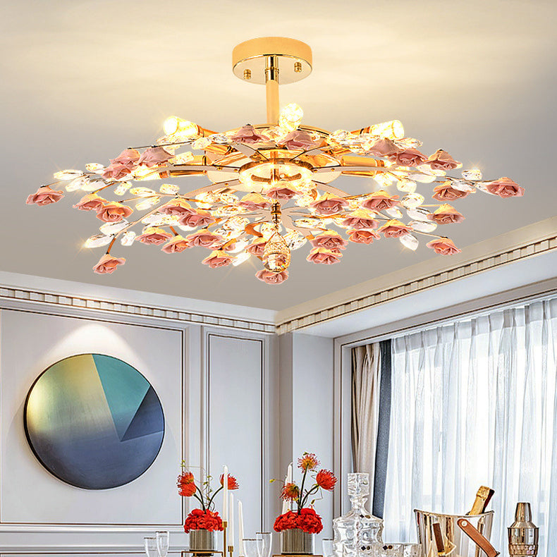 Traditional French Iron Rose Crystal LED Semi-Flush Mount Light - 6/7/8 Lights for Living Room & Bedroom