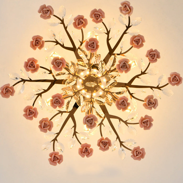 Traditional French Iron Rose Crystal LED Semi-Flush Mount Light - 6/7/8 Lights for Living Room & Bedroom