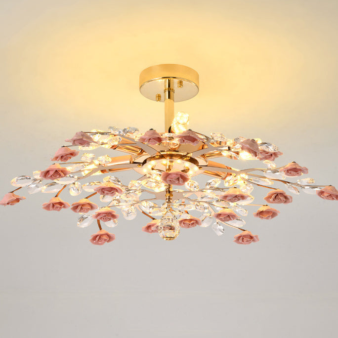 Traditional French Iron Rose Crystal LED Semi-Flush Mount Light - 6/7/8 Lights for Living Room & Bedroom