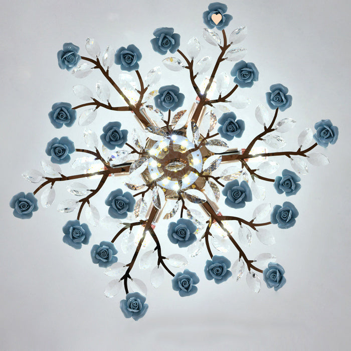 Traditional French Iron Rose Crystal LED Semi-Flush Mount Light - 6/7/8 Lights for Living Room & Bedroom