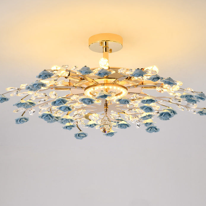 Traditional French Iron Rose Crystal LED Semi-Flush Mount Light - 6/7/8 Lights for Living Room & Bedroom
