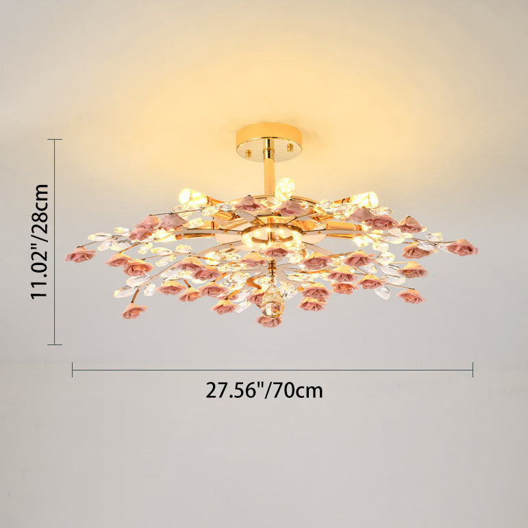 Traditional French Iron Rose Crystal LED Semi-Flush Mount Light - 6/7/8 Lights for Living Room & Bedroom