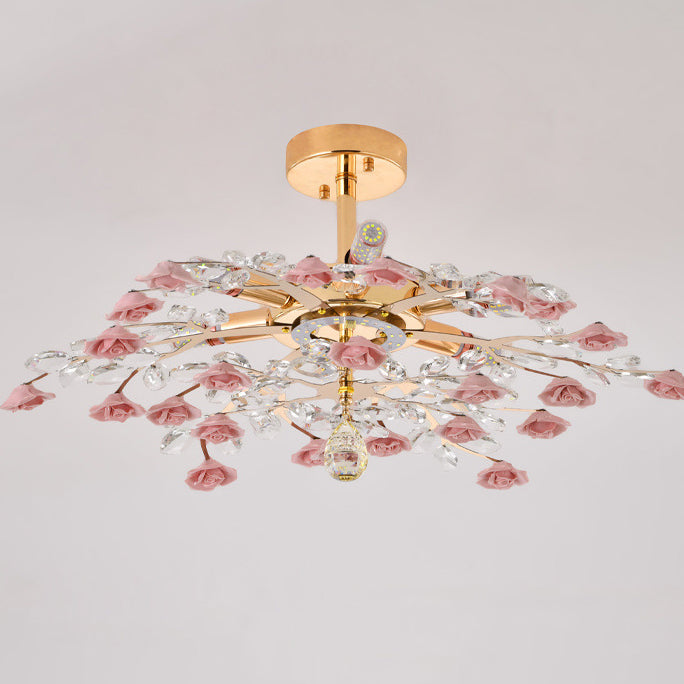 Traditional French Iron Rose Crystal LED Semi-Flush Mount Light - 6/7/8 Lights for Living Room & Bedroom