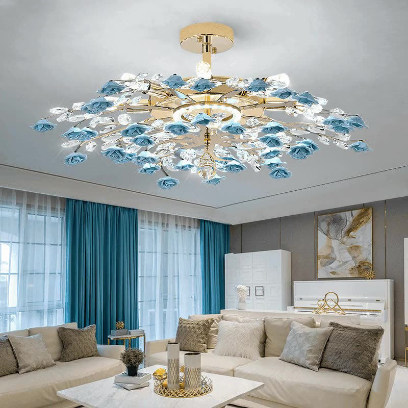 Traditional French Iron Rose Crystal LED Semi-Flush Mount Light - 6/7/8 Lights for Living Room & Bedroom