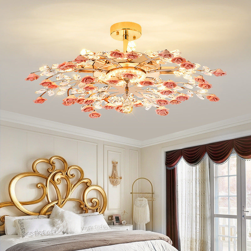 Traditional French Iron Rose Crystal LED Semi-Flush Mount Light - 6/7/8 Lights for Living Room & Bedroom