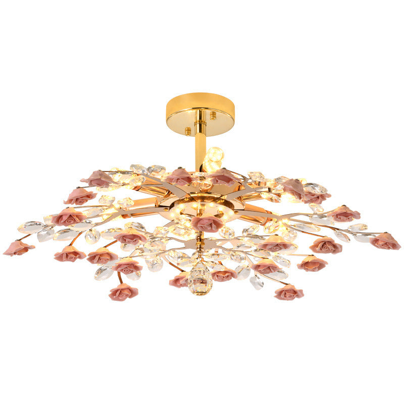 Traditional French Iron Rose Crystal LED Semi-Flush Mount Light - 6/7/8 Lights for Living Room & Bedroom