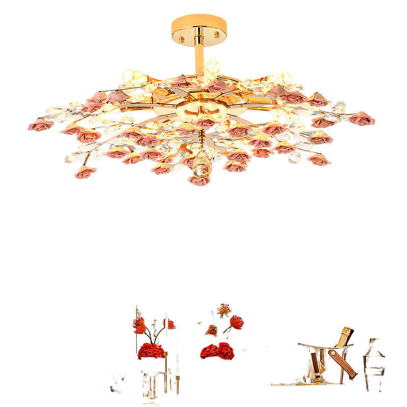 Traditional French Iron Rose Crystal LED Semi-Flush Mount Light - 6/7/8 Lights for Living Room & Bedroom
