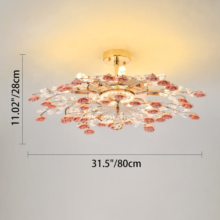 Traditional French Iron Rose Crystal LED Semi-Flush Mount Light - 6/7/8 Lights for Living Room & Bedroom