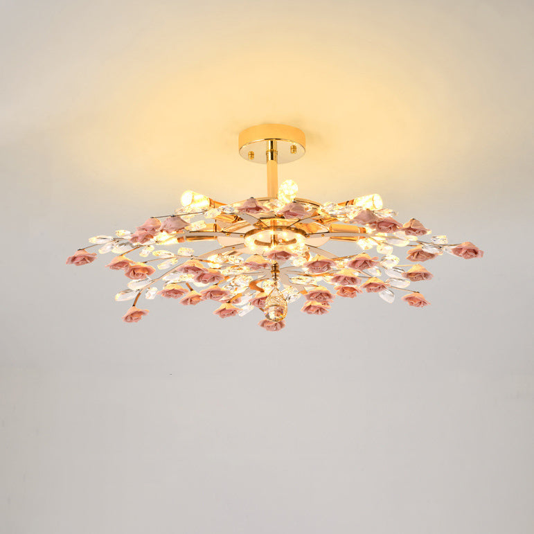 Traditional French Iron Rose Crystal LED Semi-Flush Mount Light - 6/7/8 Lights for Living Room & Bedroom