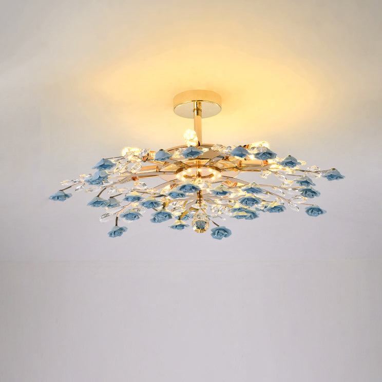 Traditional French Iron Rose Crystal LED Semi-Flush Mount Light - 6/7/8 Lights for Living Room & Bedroom