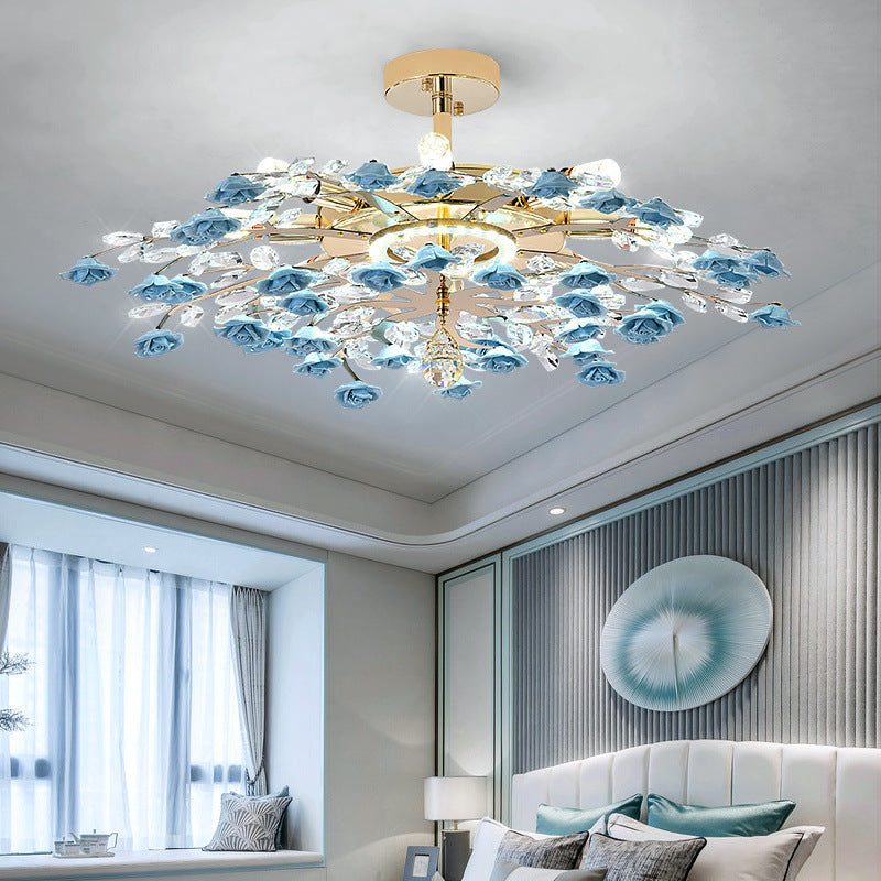 Traditional French Iron Rose Crystal LED Semi-Flush Mount Light - 6/7/8 Lights for Living Room & Bedroom