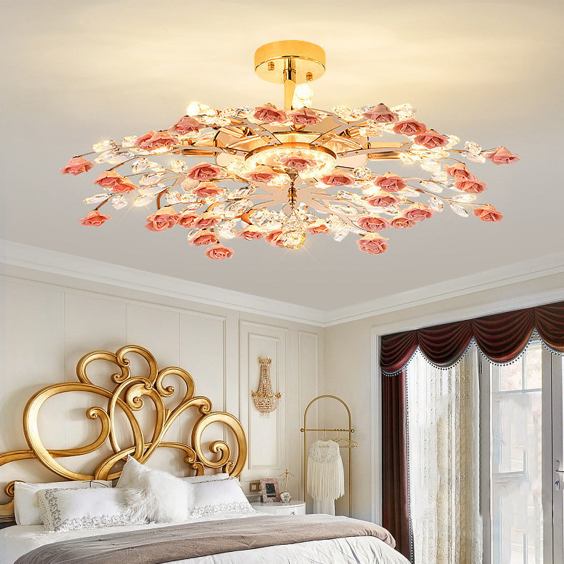 Traditional French Iron Rose Crystal LED Semi-Flush Mount Light - 6/7/8 Lights for Living Room & Bedroom