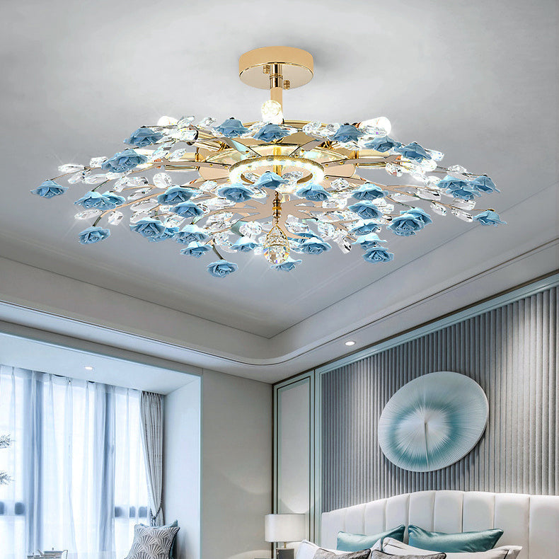 Traditional French Iron Rose Crystal LED Semi-Flush Mount Light - 6/7/8 Lights for Living Room & Bedroom