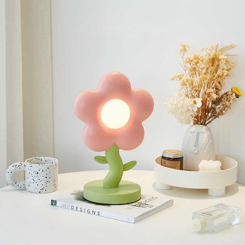 Contemporary Creative USB Kids Resin Iron Floral LED Table Lamp for Bedroom, Adjustable Bedside Lamp, Cute Night Light for Kids Room, Stylish Decorative Lighting for Girls, Unique Floral Design, Energy-Efficient USB Power, Modern Bedroom Decor, Colorful L