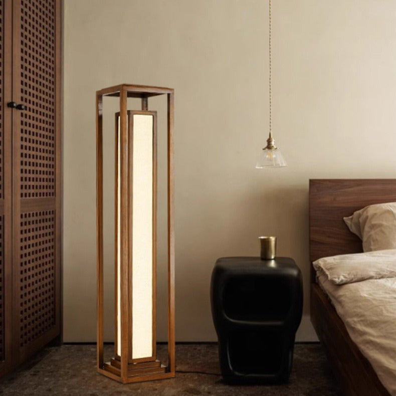 Traditional Japanese Ash Wood LED Floor Lamp - Cuboid Design for Living Room & Bedroom Lighting