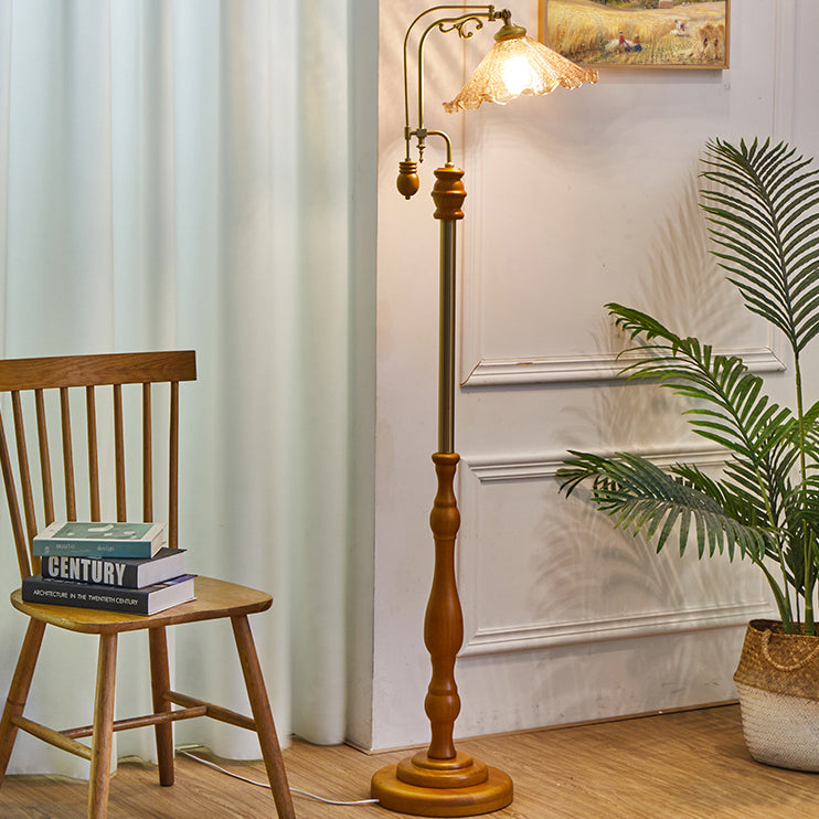 Vintage Glass Wood & Metal Floral Floor Lamp - 1-Light Stand for Living Room & Bedroom