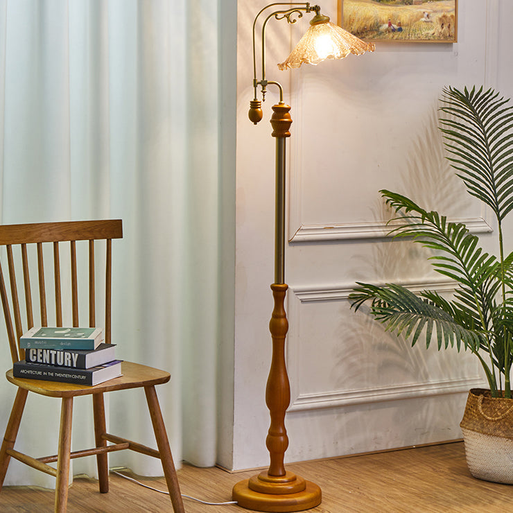 Vintage Glass Wood & Metal Floral Floor Lamp - 1-Light Stand for Living Room & Bedroom