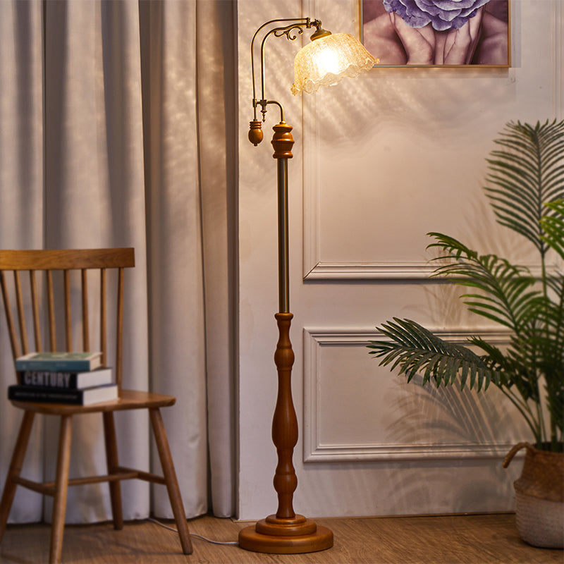 Vintage Glass Wood & Metal Floral Floor Lamp - 1-Light Stand for Living Room & Bedroom