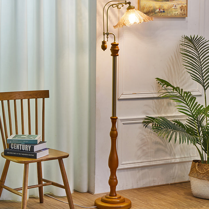 Vintage Glass Wood & Metal Floral Floor Lamp - 1-Light Stand for Living Room & Bedroom