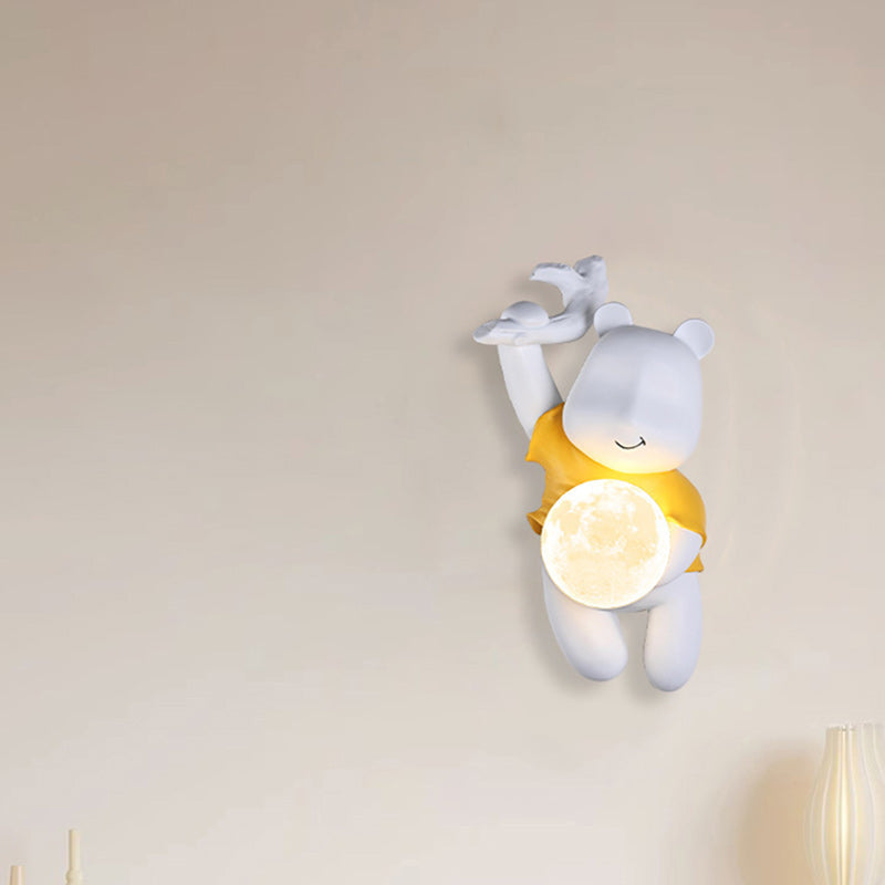 Contemporary Kids Wall Sconce Lamp Cartoon Bear with Moon – Creative Resin & PLA Design for Bedroom & Living Room Lighting, Adorable Night Light for Children’s Room, Cute Bear Wall Decor, LED Wall Light Fixture for Kids' Spaces, Fun Nursery Lighting Solut