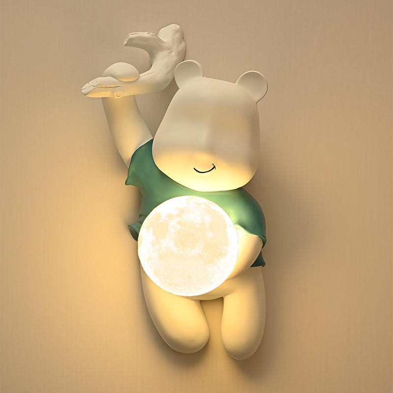 Contemporary Kids Wall Sconce Lamp Cartoon Bear with Moon – Creative Resin & PLA Design for Bedroom & Living Room Lighting, Adorable Night Light for Children’s Room, Cute Bear Wall Decor, LED Wall Light Fixture for Kids' Spaces, Fun Nursery Lighting Solut