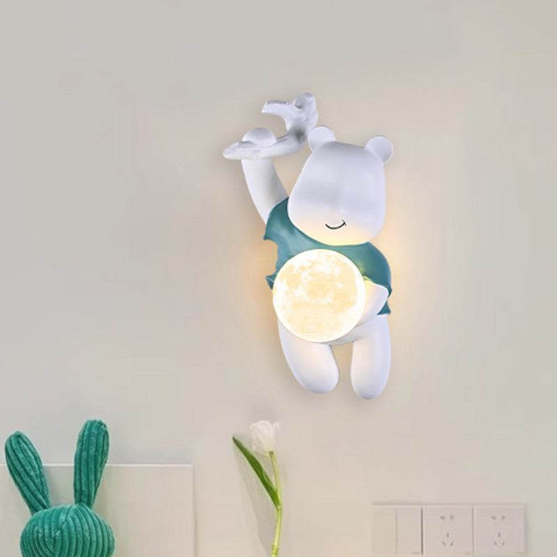Contemporary Kids Wall Sconce Lamp Cartoon Bear with Moon – Creative Resin & PLA Design for Bedroom & Living Room Lighting, Adorable Night Light for Children’s Room, Cute Bear Wall Decor, LED Wall Light Fixture for Kids' Spaces, Fun Nursery Lighting Solut