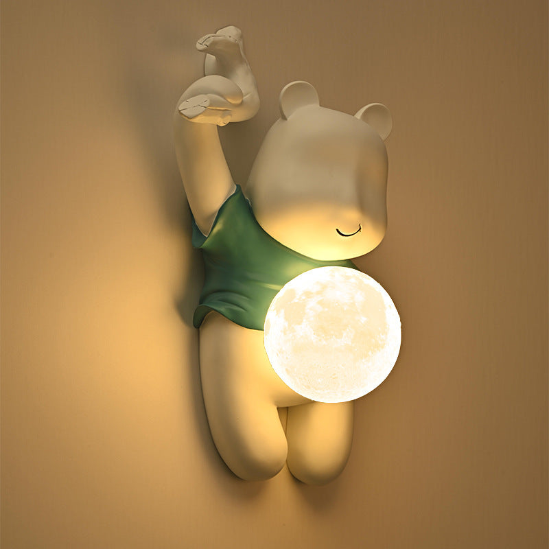 Contemporary Kids Wall Sconce Lamp Cartoon Bear with Moon – Creative Resin & PLA Design for Bedroom & Living Room Lighting, Adorable Night Light for Children’s Room, Cute Bear Wall Decor, LED Wall Light Fixture for Kids' Spaces, Fun Nursery Lighting Solut