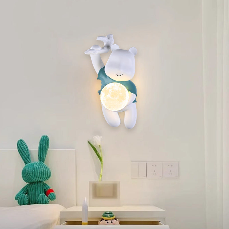 Contemporary Kids Wall Sconce Lamp Cartoon Bear with Moon – Creative Resin & PLA Design for Bedroom & Living Room Lighting, Adorable Night Light for Children’s Room, Cute Bear Wall Decor, LED Wall Light Fixture for Kids' Spaces, Fun Nursery Lighting Solut